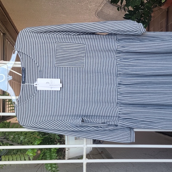 MEROKEETY Balloon Sleeve Striped Midi Shirt Dress Size 2XL/ 23" pit to pit - Picture 4 of 8